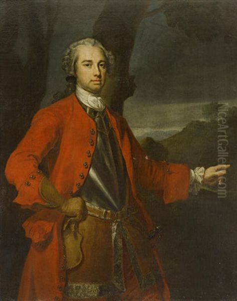 Portrait Of An Officer (major William Caulfeild (1698-1767)?) Wearing A Red Overcoat, A Cuirasse And A Small Sword, Pointing To A Torrent... Oil Painting by Allan Ramsay