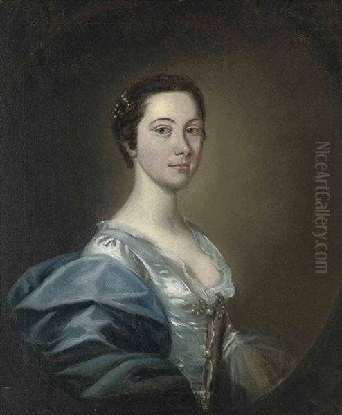 Portrait Of A Lady In An Oyster Satin Dress With Pearl Ornaments And A Blue Wrap Oil Painting by Allan Ramsay