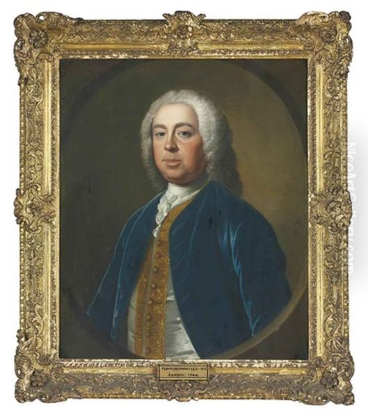 Portrait Of Penistone Powney, M.p., Of Ives Place, Middlesex, In A Blue Velvet Coat, With A Gold-embroidered Waistcoat And A White Stock, In A Sculpted Cartouche Oil Painting by Allan Ramsay