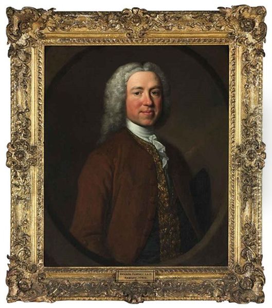 Portrait Of Richard Powney, D.c.l. In A Brown Coat, Gold-emroidered Waistcoat And White Stock, With A Tricorne Hat Under His Arm Oil Painting by Allan Ramsay