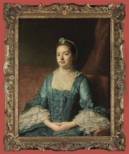 Portrait Of Sarah Verney In A Blue Dress With Bows, With A Lace Bodice And Cuffs, Seated On A Red Sofa, A Draped Curtain Beyond Oil Painting by Allan Ramsay