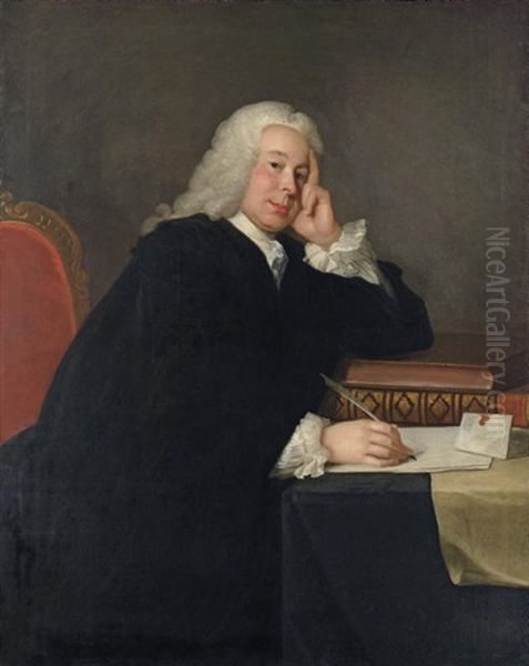 Portrait Of Nicholas Hardinge, M.p. In A Black Mantle, Seated At His Desk, A Quill In His Right Hand Oil Painting by Allan Ramsay