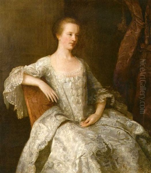 Portrait Of Margaret Ramsay (the Artist's Wife In Fine Damask Dress) Oil Painting by Allan Ramsay