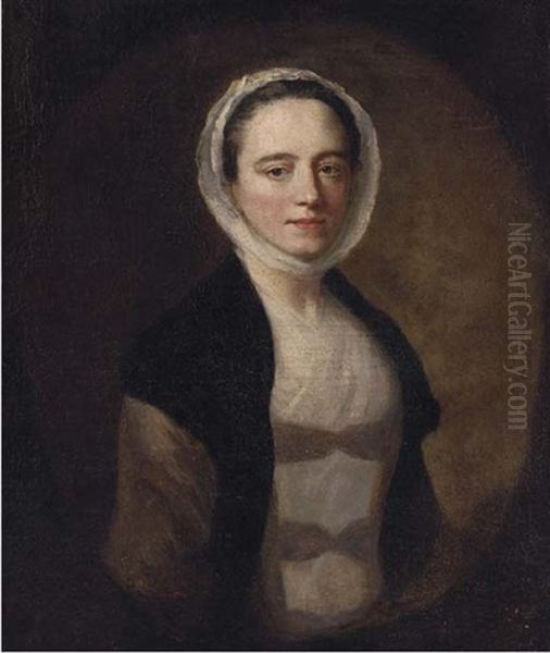 Portrait Of A Lady, Half-length, In A Black Shawl And White Bonnet Oil Painting by Allan Ramsay