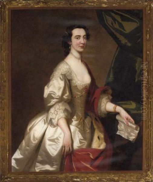 Portrait Of Anne Gordon In A Silver Dress And Red Wrap, Holding A Sheet Of Music In Her Heft Hand Oil Painting by Allan Ramsay