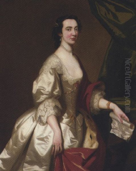 Portrait Of Anne Gordon In A Silver Dress And Red Wrap, Holding A Sheet Of Music In Her Left Hand Oil Painting by Allan Ramsay