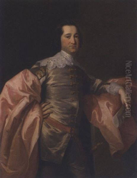 Portrait Of A Gentleman In A Grey Jacket And Pink Wrap Oil Painting by Allan Ramsay