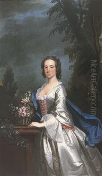 Portrait Of A Lady (flora Macdonald?), In A White Satin Dress, A Pink Bodice And Blue Shawl, By A Plinth With Flowers In A Basket, In A Wooded Landscape Oil Painting by Allan Ramsay