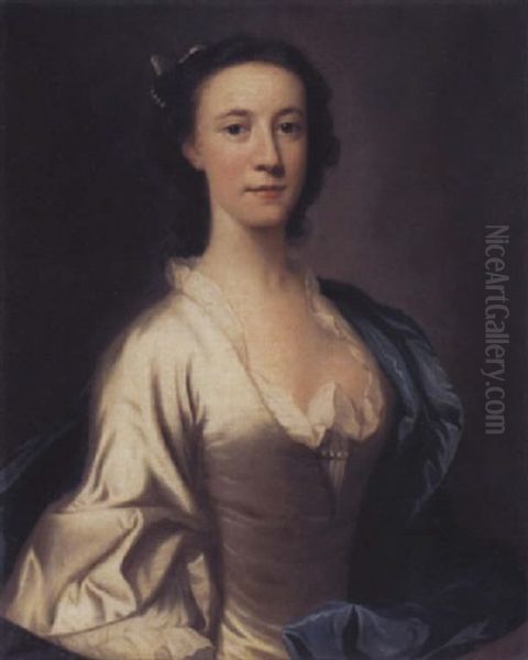 Portrait Of Anne, Countess Of Strafford, In A White Gown With A Blue Cloak Oil Painting by Allan Ramsay