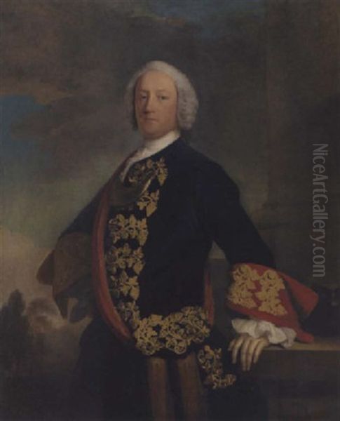 Portrait Of A Gentleman (lord John Murray, 1st Duke Of Atholl?) In A Deep Blue Coat With Red Sash And Cuffs Decorated With Gold Brocade, His Left Hand Resting On A Column With A Landscape Beyond Oil Painting by Allan Ramsay