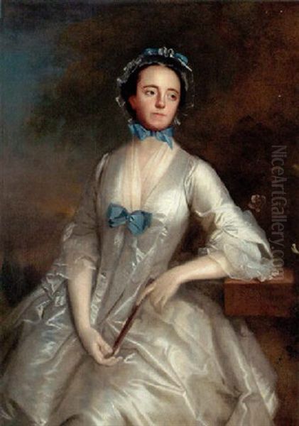 Portrait Of A Lady In A White Dress And Cap With Blue Bows, Holding A Fan And Resting Her Left Arm On A Ledge Oil Painting by Allan Ramsay