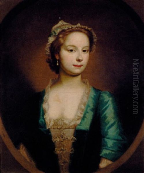 Portrait Of A Lady In A Blue Dress And White Bonnet Oil Painting by Allan Ramsay