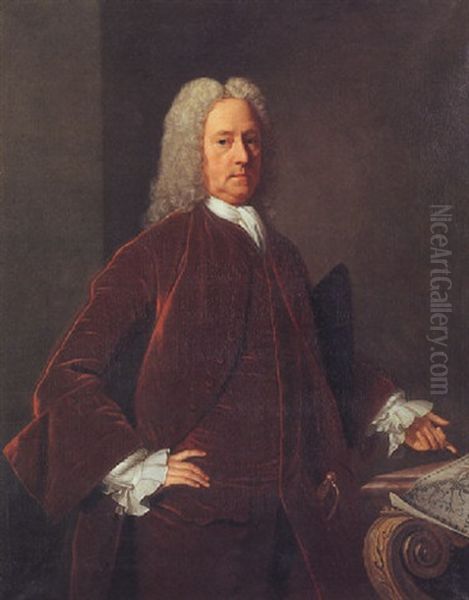 Portrait Of A Gentleman (james Edward Oglethorpe?), In A Red Velvet Coat, Pointing To A Map Of Georgia Oil Painting by Allan Ramsay