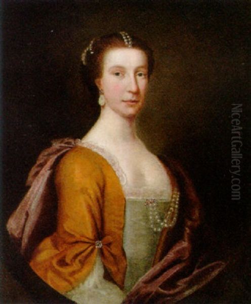 Portrait Of A Lady In A Yellow Dress With A Red Wrap, Pearls At Her Corsage Oil Painting by Allan Ramsay