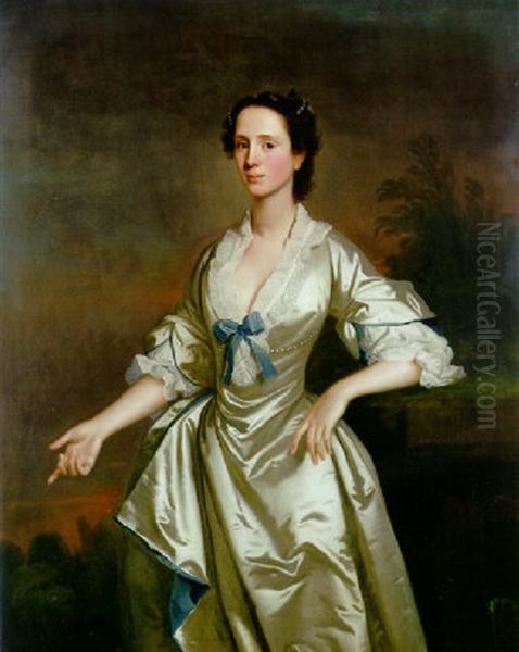 Portrait Of Lady Margaret Grant In A Blue-lined Oyster Satin Dress With A Blue Bow Oil Painting by Allan Ramsay