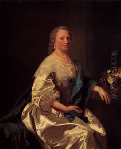 Portrait Of Lettice Leighton Wearing A Fine White Satin And Lace Dress, With A Blue Ribbon And Robes Oil Painting by Allan Ramsay