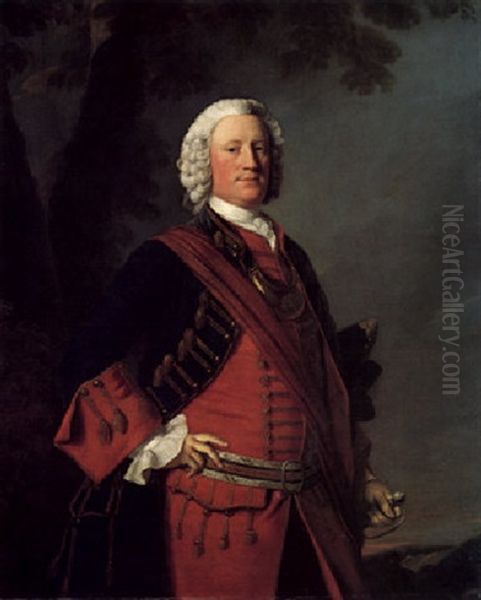 Portrait Of General Francis Leighton Wearing Uniform And A Gorgette, His Tricorn Hat Under His Arm, His Left Hand Clasping The Hilt Of His Sword Oil Painting by Allan Ramsay