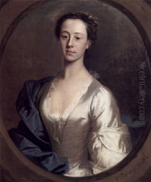 Portrait Of Catherine Gale Wearing A Silver Silk Dress, And A Blue Shawl, With Flowers In Her Hair Oil Painting by Allan Ramsay