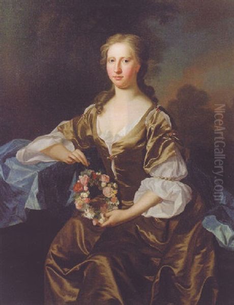 Portrait Of A Lady (anne Livingstone?) In A Brown Satin Dress And Blue Wrap, Holding A Garland Of Flowers, In A Landscape by Allan Ramsay