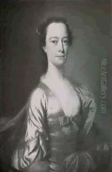 Portrait Of A Lady, Half Length, Wearing A Grey Satin Dress With A Blue Bow, A String Of Pearls And A Blue Sash Oil Painting by Allan Ramsay