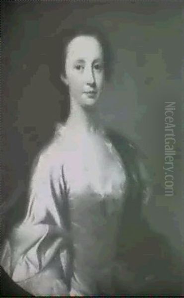 Portrait Of A Lady, Half Length, Wearing A White Satin      Dress And Blue Cloak Oil Painting by Allan Ramsay