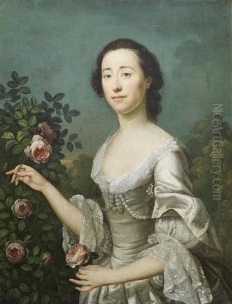 Portrait Of A Lady, Half-length, In A White Dress, Holding A Rose Oil Painting by Allan Ramsay