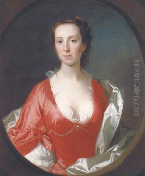 Portrait Of Ruth Trevor In A Red Dress And White Satin Robes Oil Painting by Allan Ramsay