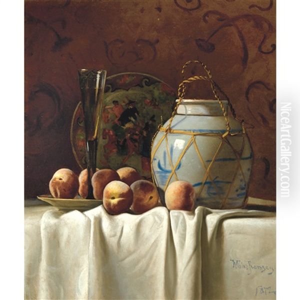 Still Life With Peaches, Champagne Flute And Chinoiserie Oil Painting by Milne Ramsey