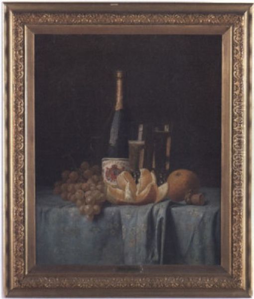 Still Life Of A Bottle Of Wine, Goblets, Grapes, And Oranges On A Table With Floral Cloth Oil Painting by Milne Ramsey