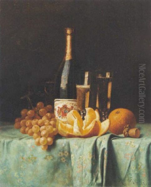 Still Life With Champagne Bottle, Oranges, Grapes And Flutes Oil Painting by Milne Ramsey