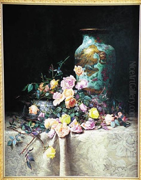 Roses And An Oriental Vase On A Brocade Tablecoth Oil Painting by Milne Ramsey