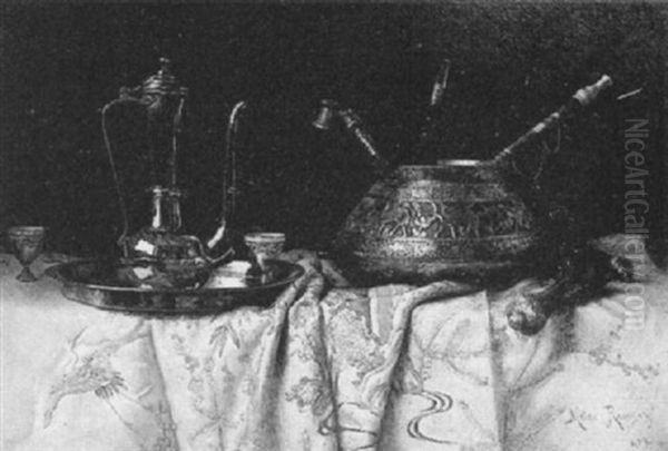 Still Life With Hash Pipes In A Bronze Tazza And Turkish    Coffepot Oil Painting by Milne Ramsey