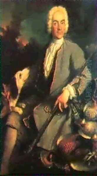 Portrait Of A Hunter, Seated Full Length, Wearing A Grey    Jacket And White Shirt Holdinga Rifle, A Dog In Landscape Oil Painting by Antoine Ranc