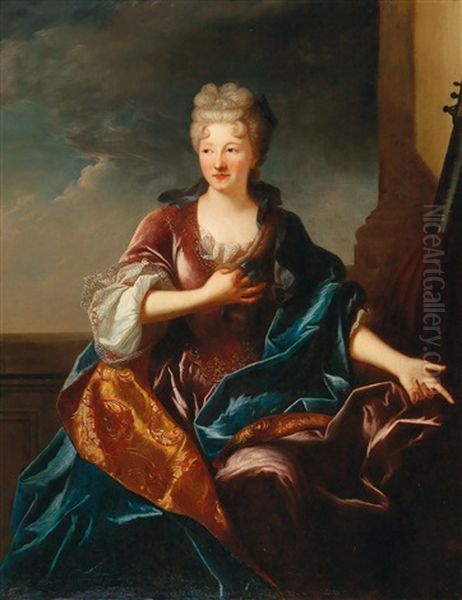 A Portrait Of An Elegant Lady In A Red Dress And Blue Cloak by Jean Ranc