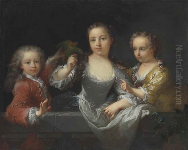 Portrait Of Three Children With A Parakeet Oil Painting by Jean Ranc