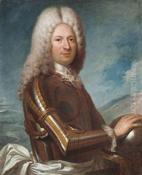 Portrait Of A Gentleman, Half-length, In Armour, A Landscape Beyond Oil Painting by Jean Ranc