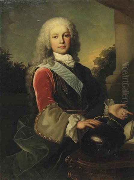 Portrait Of King Ferdinand Vi Of Spain (1713-1759) As Prince Of Asturias, Half-length, Standing Before A Portico Oil Painting by Jean Ranc