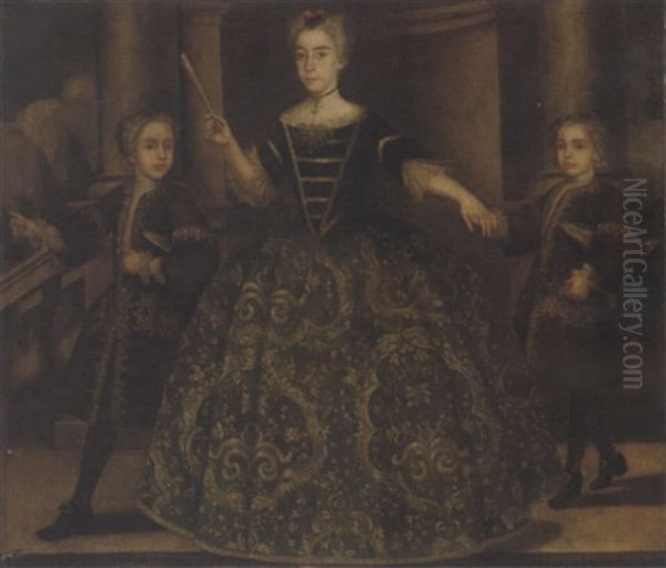 Portrait Of Dona Maria De Montaner Y Canglada And Her Two Sons, She In A Green Floral Embroidered Dress, A Fan In Her Right Hand, The Boys In Embroidered Brown Coats by Jean Ranc