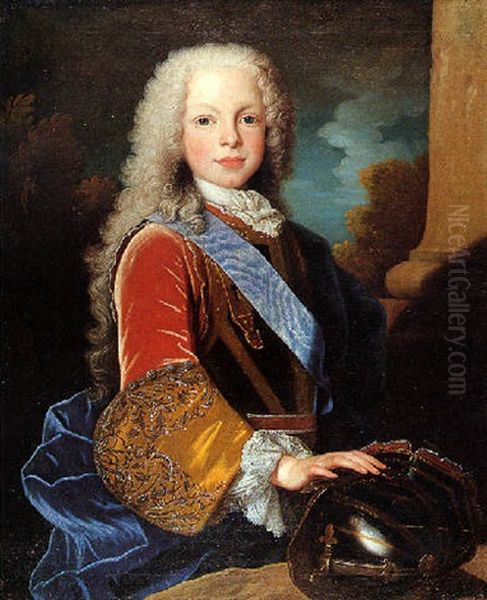 Portrait De Ferdinand Vi En Prince Des Asturies, La Main Sur Un Casque A Fleur De Lys Oil Painting by Jean Ranc