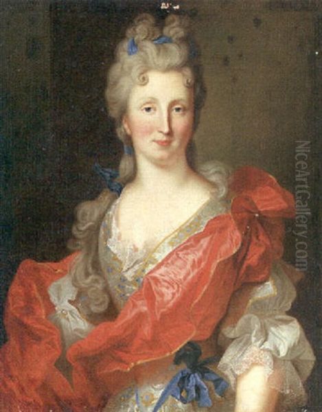 Portrait Of A Lady (madame De Crozat, Marechale De Broglie?) In A White Dress And Red Drape Oil Painting by Jean Ranc