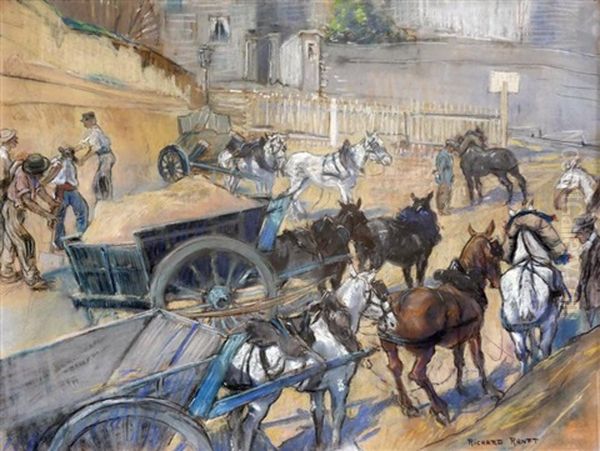 Ouvriers Et Charrettes De Chevaux De Chantier Oil Painting by Richard Ranft