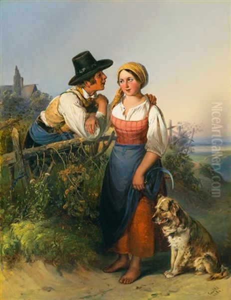 The Rendezvous - A Young Peasant Couple With A Dog Oil Painting by Johann Matthias Ranftl