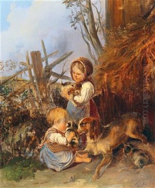 Two Girls With A Dog Family Oil Painting by Johann Matthias Ranftl