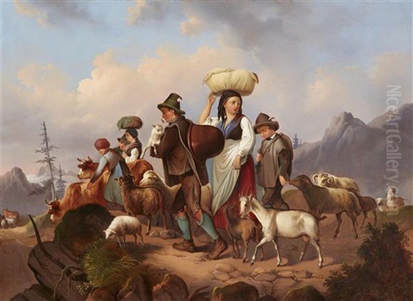 Shepherds Going Down To The Valley Oil Painting by Johann Matthias Ranftl