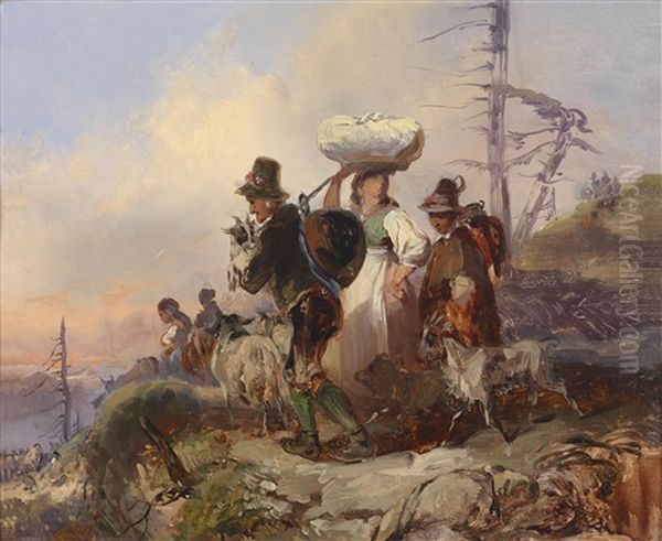 Driving The Herds Down From The Alpine Pastures Oil Painting by Johann Matthias Ranftl