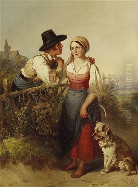 Junges Bauernpaar In Tracht Mit Hund Am See Oil Painting by Johann Matthias Ranftl