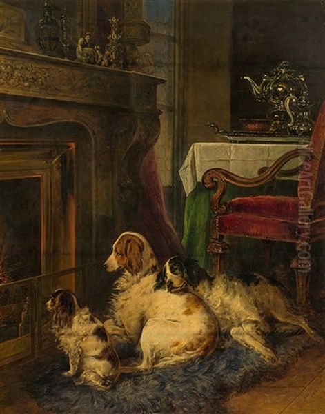 Three Dogs In Front Of A Fireplace Oil Painting by Johann Matthias Ranftl