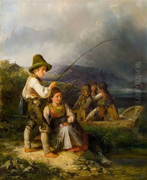 Kinder Am Ufer Des Grundlsees Oil Painting by Johann Matthias Ranftl