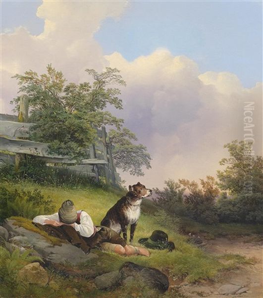 Schlafender Junger Mann Mit Seinem Wachsamen Hund Oil Painting by Johann Matthias Ranftl