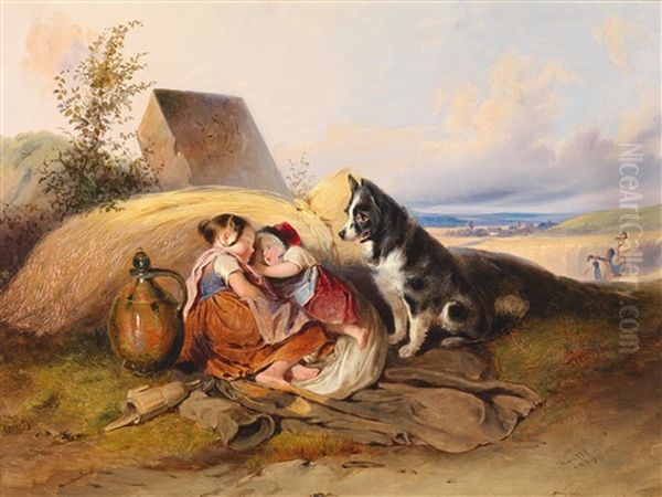 Die Von Einem Hund Bewachte Mittagsrast Zweier Kinder Auf Dem Feld Oil Painting by Johann Matthias Ranftl